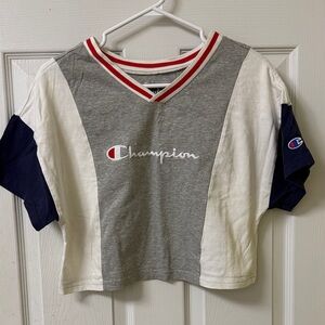 Champion Women’s ' Gray, White, and Navy V-Neck Tee